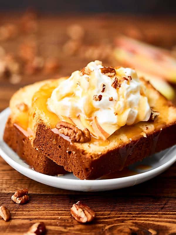 Two slices cream cheese pound cake on plate