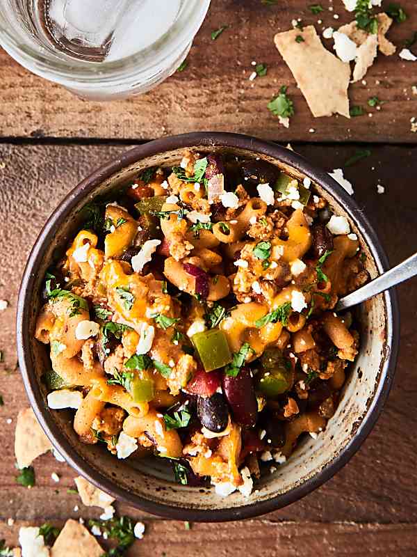 bowl of chicken chili mac above