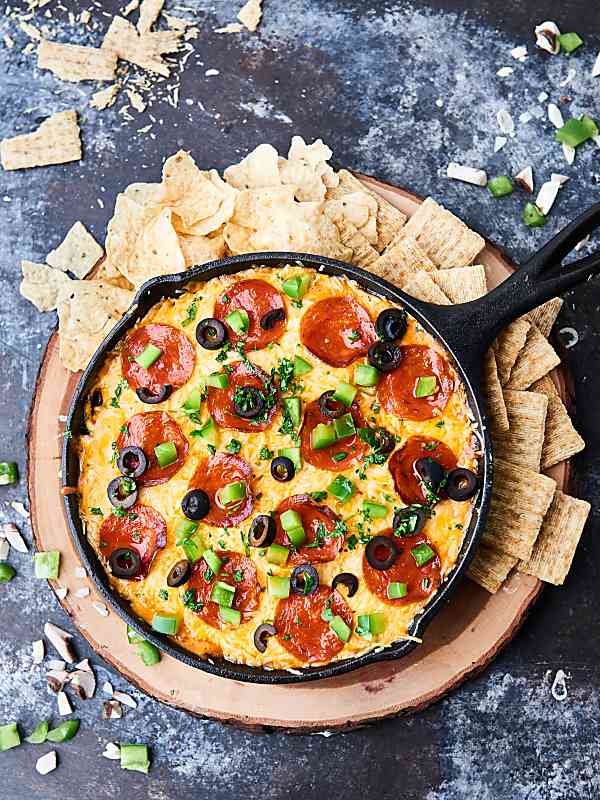 Pizza dip in skillet above