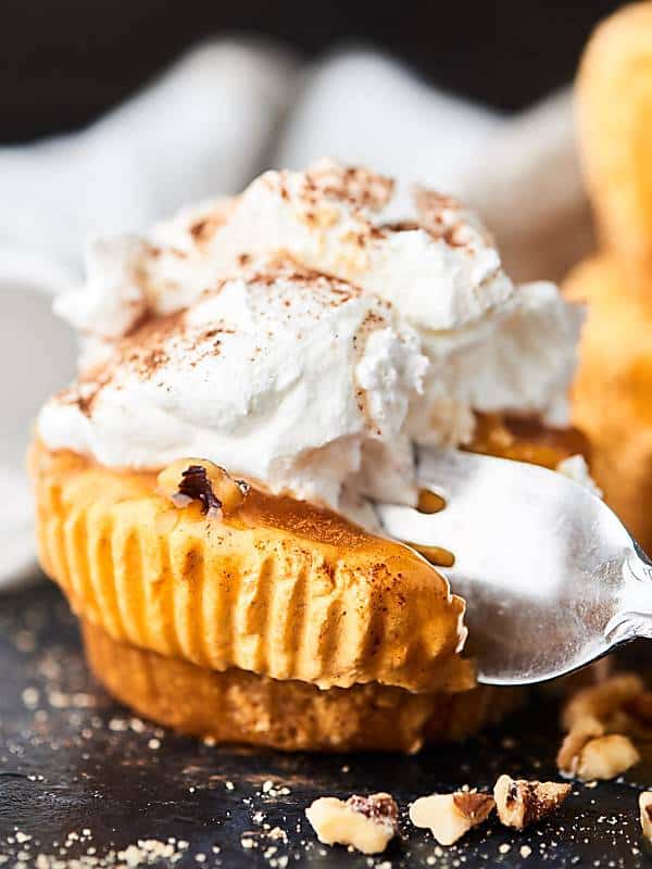 mini pumpkin cheesecake being cut with fork