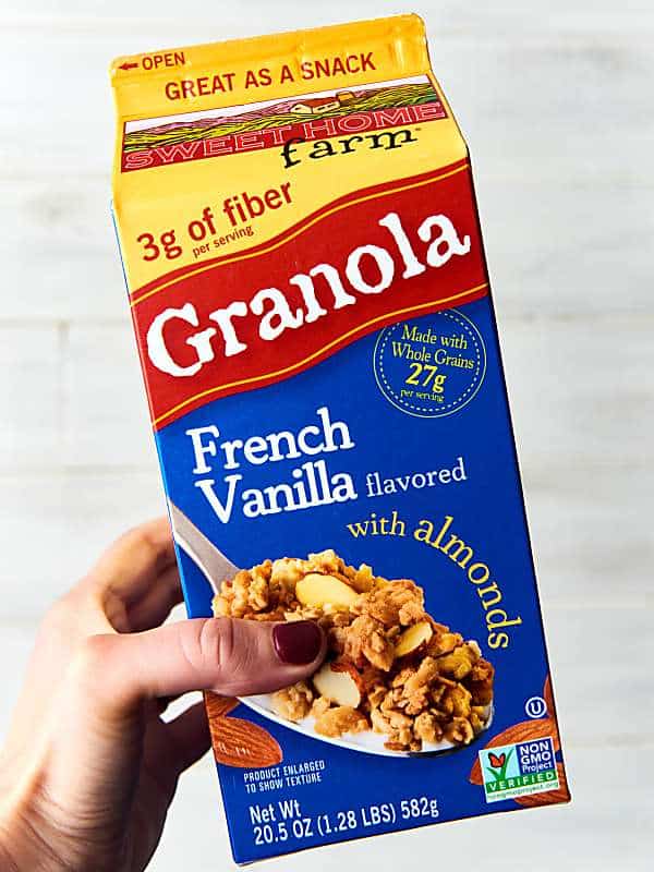 carton of french vanilla granola held