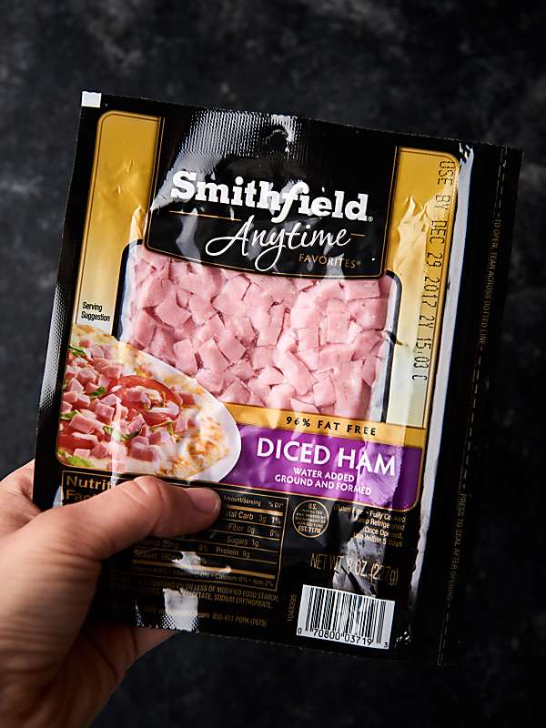 Package of diced ham held