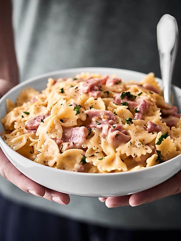 ham and cheese pasta in bowl held two hands