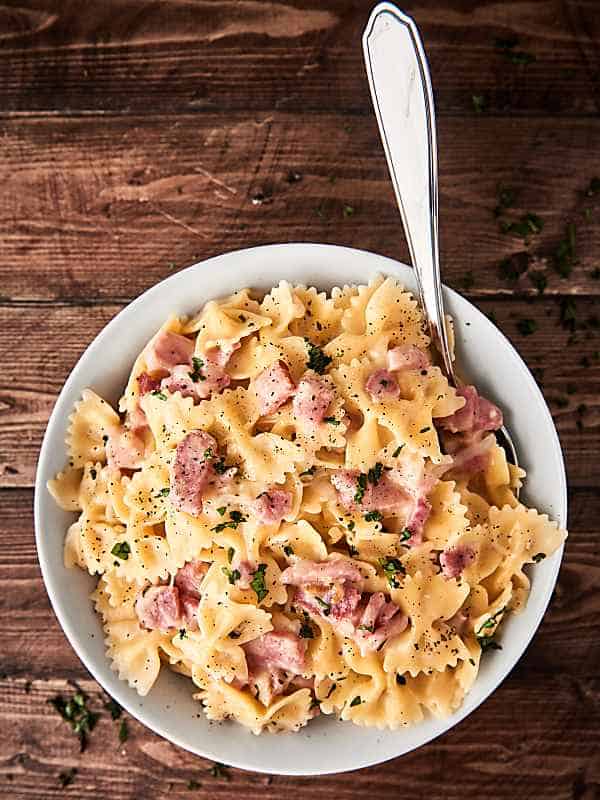 plate of ham and cheese pasta above