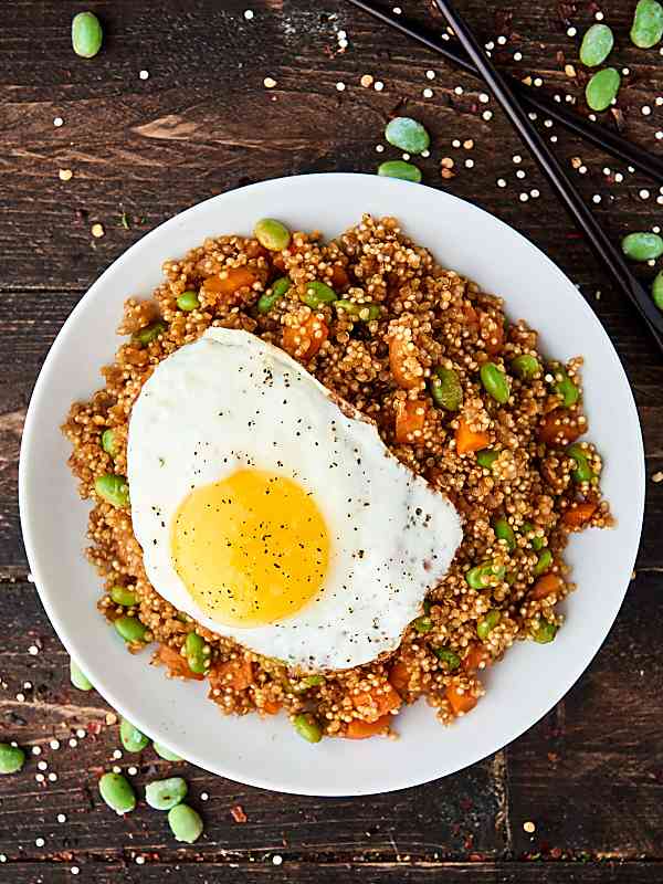 quinoa fried rice with egg on top above