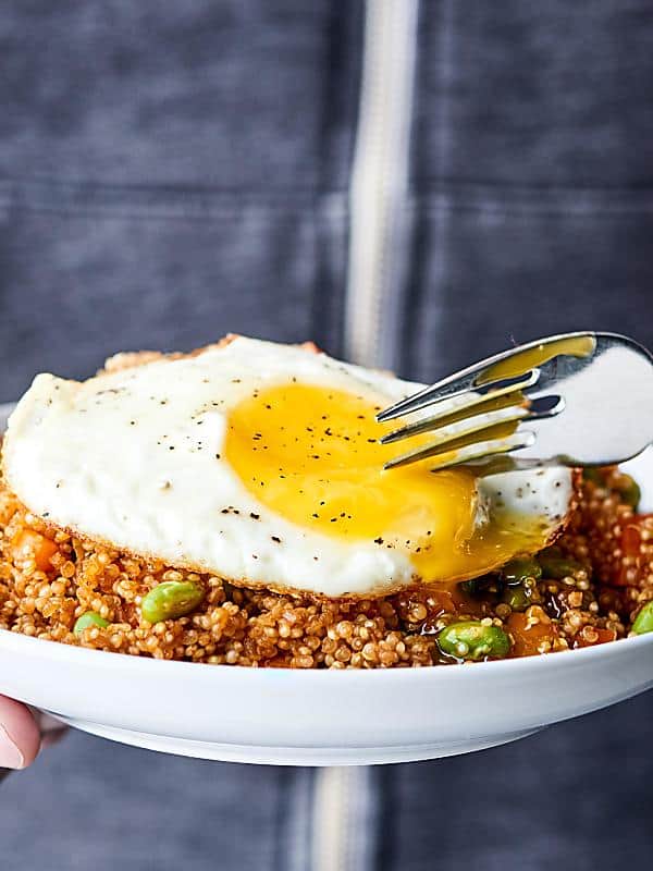 Quinoa fried rice plate held