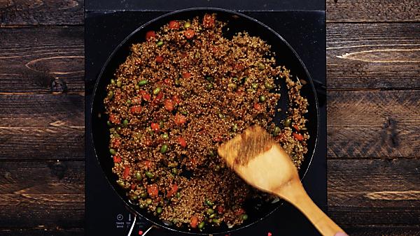 Finished quinoa fried rice in skillet