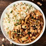 Slow Cooker Kung Pao Chicken. Tender chicken, loads of veggies, and a delicious sauce! Perfect when served over brown rice or cauliflower rice! Easy. Healthy. Can be gluten free! showmetheyummy.com #crockpot #kungpao #chicken #healthy