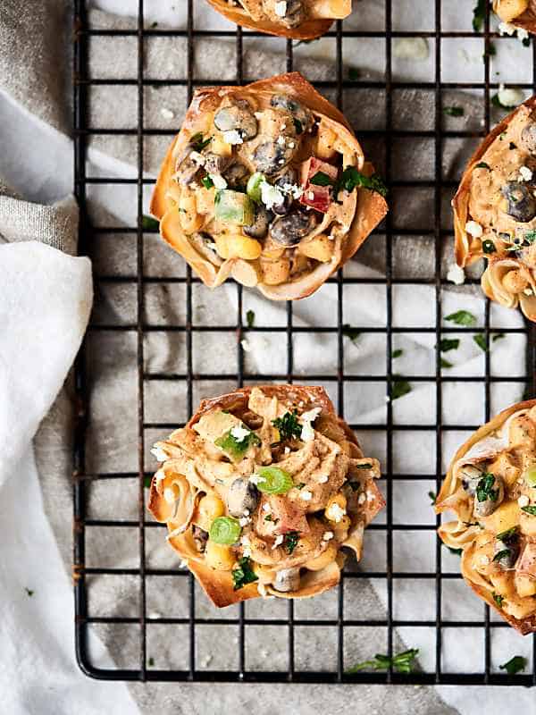 southwestern chicken salad cups on cooling rack above