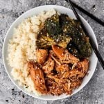 plate or rice, instant pot orange chicken, and broccoli above