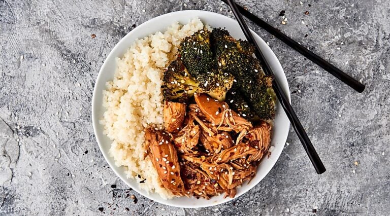 plate or rice, instant pot orange chicken, and broccoli above