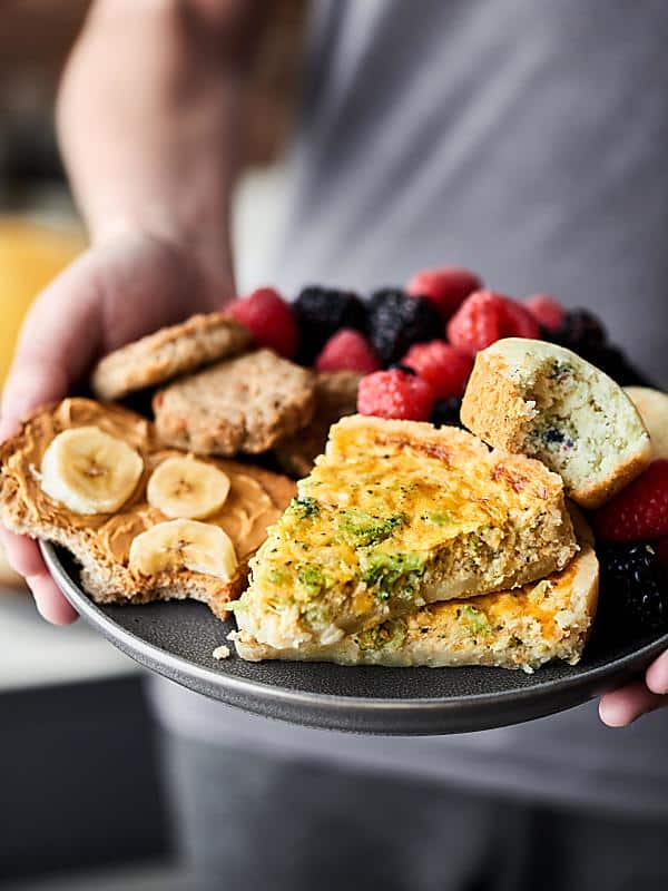 plate of brunch foods held two hands