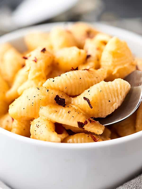 closeup of bowl of mac and cheese