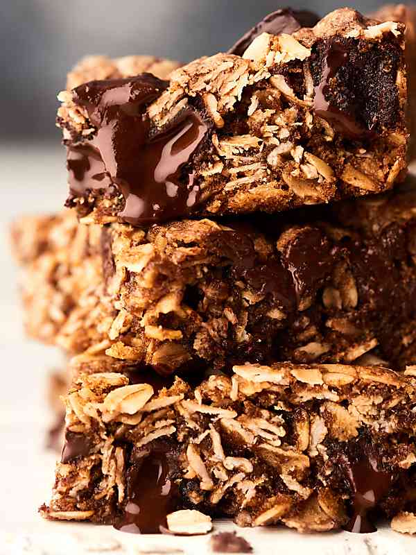 three whole wheat oatmeal chocolate chip cookie bars stacked