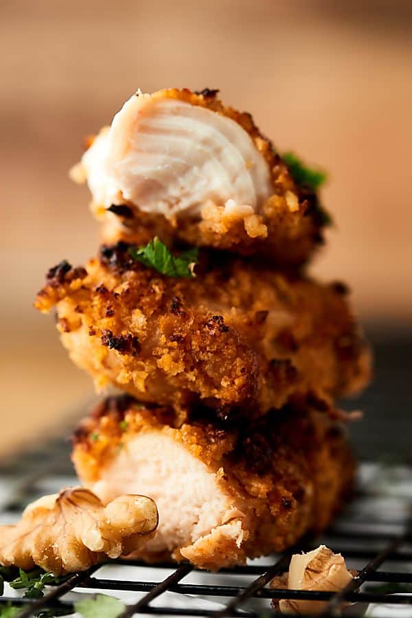three chicken tenders stacked