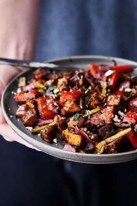 These Balsamic Roasted Vegetables are loaded with sweet potato, asparagus, bell peppers, red onion, dijon mustard, balsamic vinegar, and a few spices! Easy. Healthy. Flavorful. Gluten Free. Vegan. showmetheyummy.com #roastedvegetables #summer #vegan #recipe