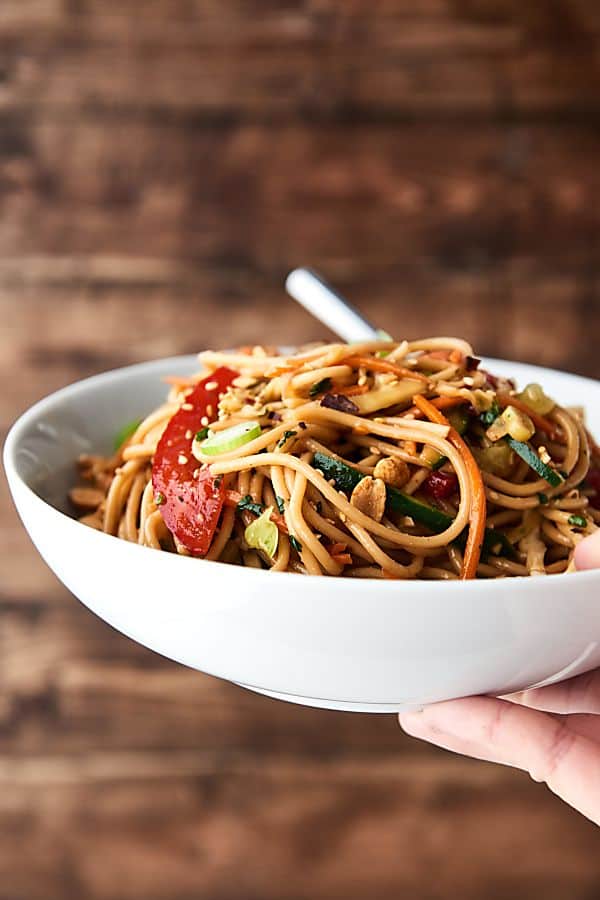 bowl of Asian pasta salad held