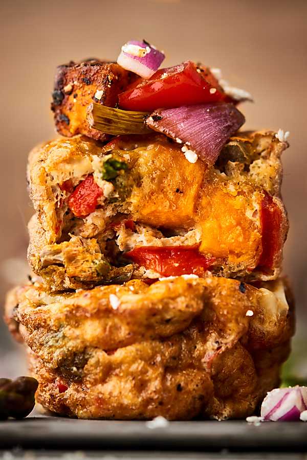 roasted vegetable breakfast muffins stacked