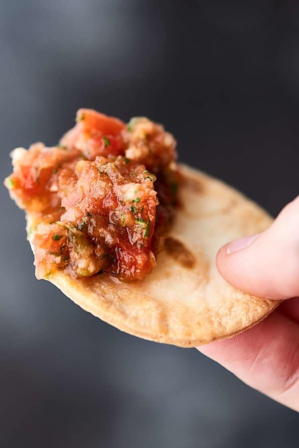 fresh salsa on homemade tortilla chip held