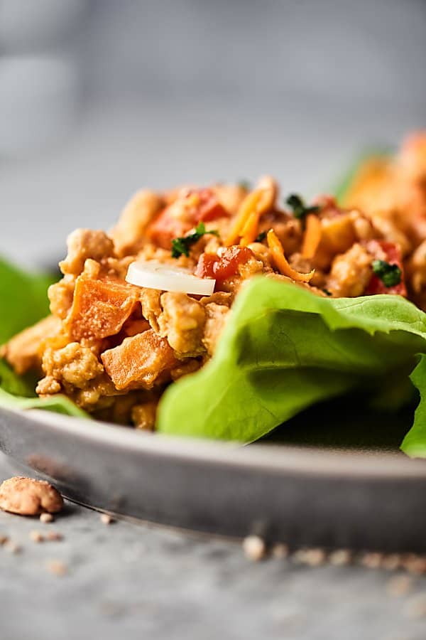 Thai peanut chicken lettuce wrap on plate close up