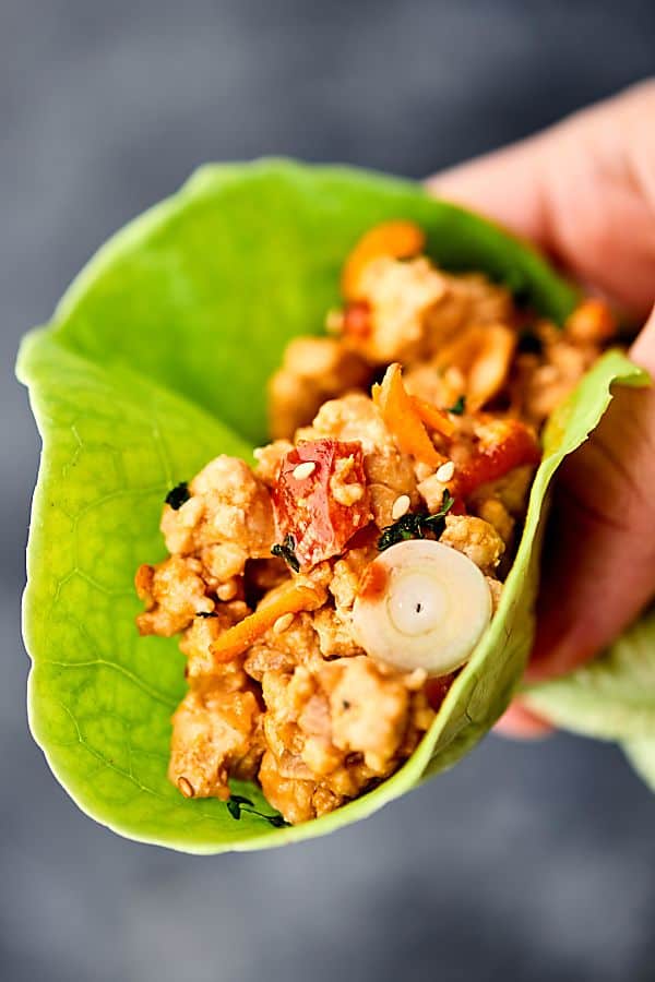 These Thai Peanut Chicken Lettuce Wraps are quick, easy, and healthy! Full of veggies: onion, carrot, and red pepper, ground chicken or turkey, and the most delicious homemade easy peanut sauce! showmetheyummy.com #peanutsauce #lettucewraps #thai #healthyrecipe