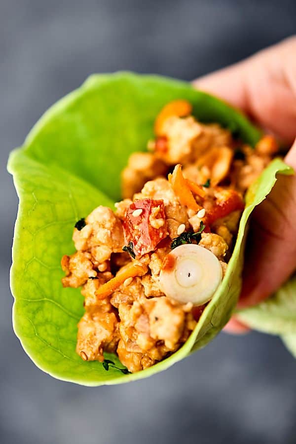 Thai peanut chicken lettuce wrap held