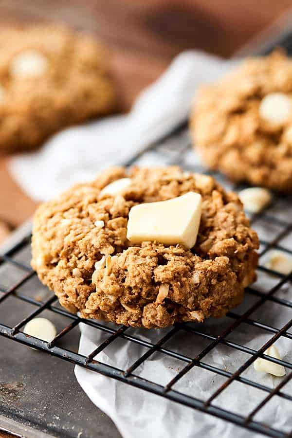 coconut oatmeal cookie on cooling rack