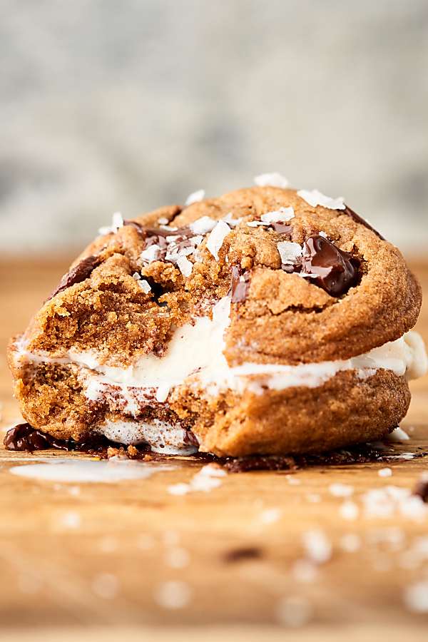 Whole wheat chocolate chip cookie sandwich with bite taken out