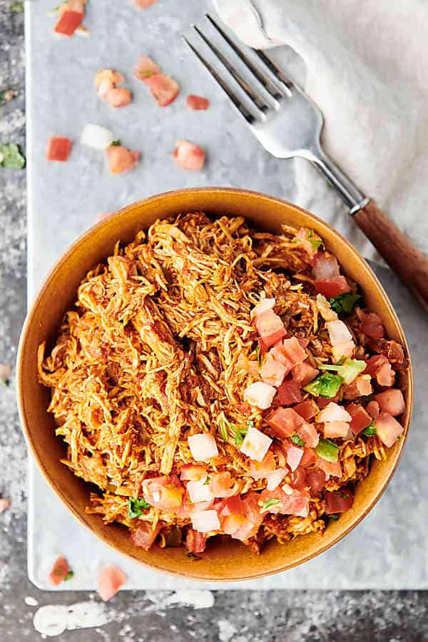 Bowl of salsa chicken above