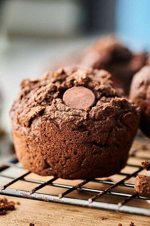 chocolate pumpkin muffin on cooling rack