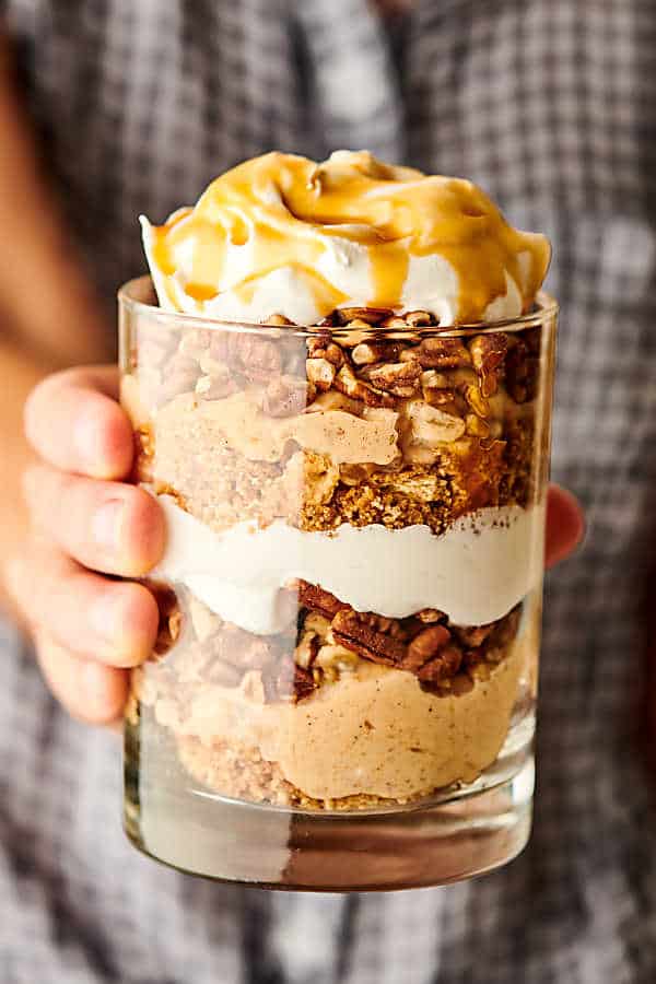 caramel apple cheesecake parfait held