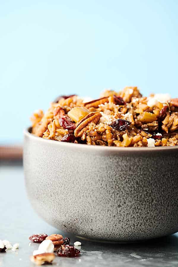 instant pot wild rice stuffing in bowl side view