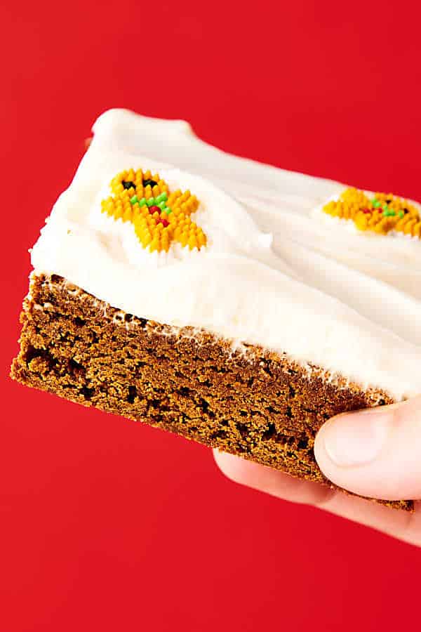 gingerbread cookie bar held red background
