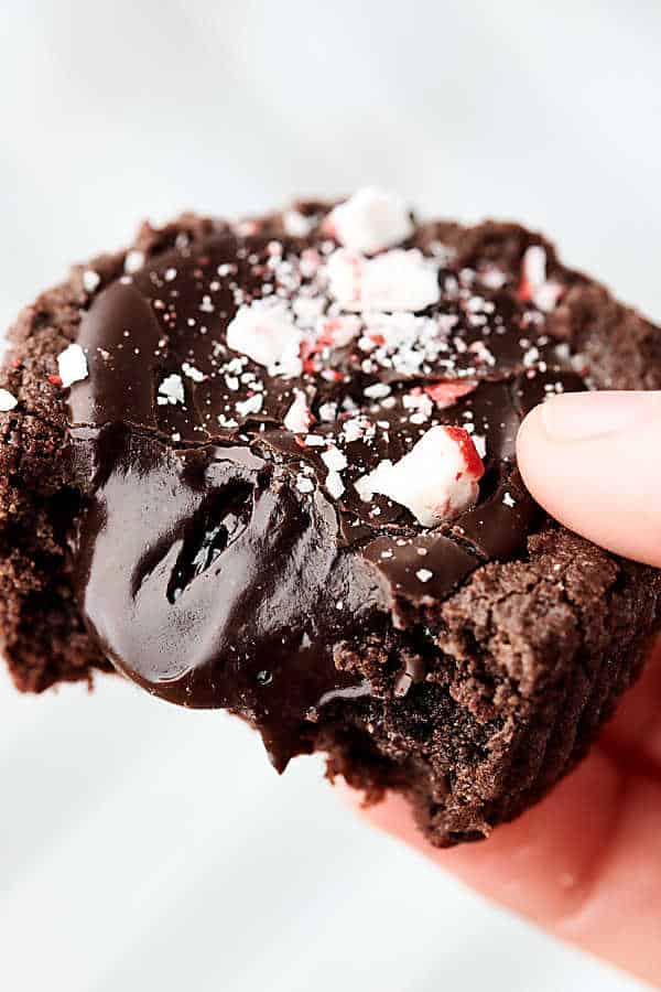 peppermint mocha cookie cup with bite out held