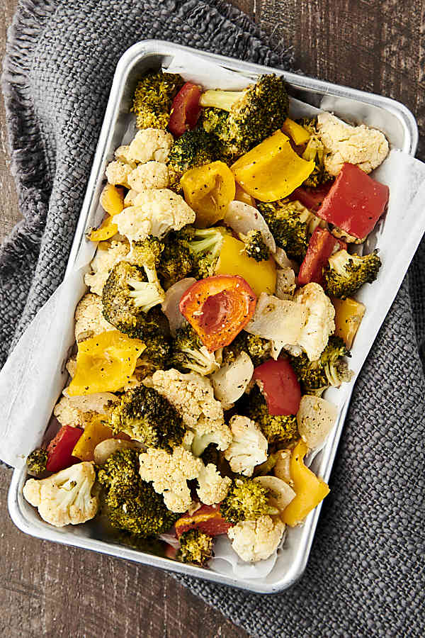 Roasted vegetables on small baking dish overhead