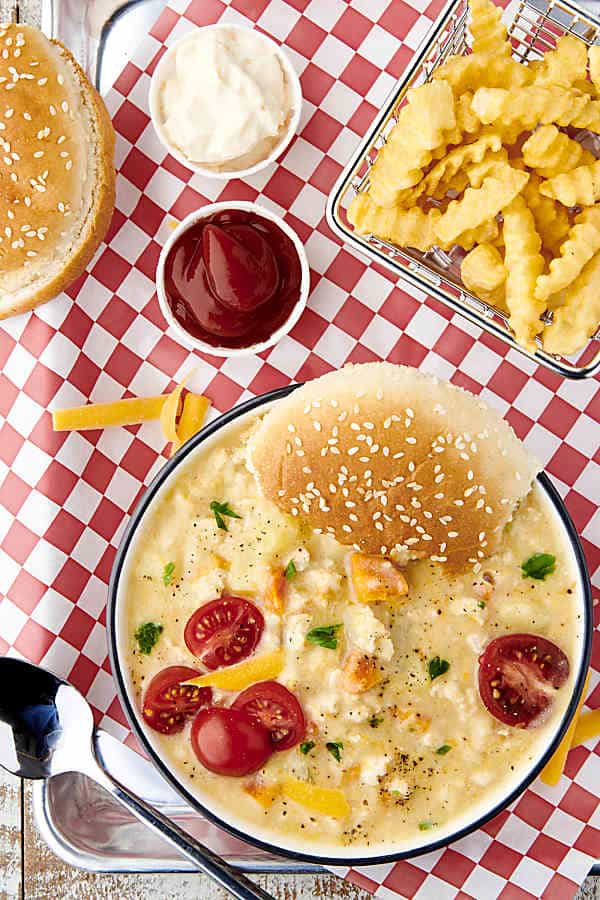 bowl of cheeseburger soup above