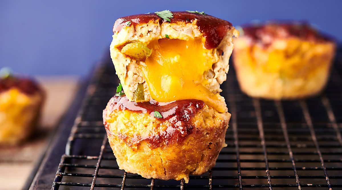 bbq cheddar turkey meatloaf muffin cups stacked