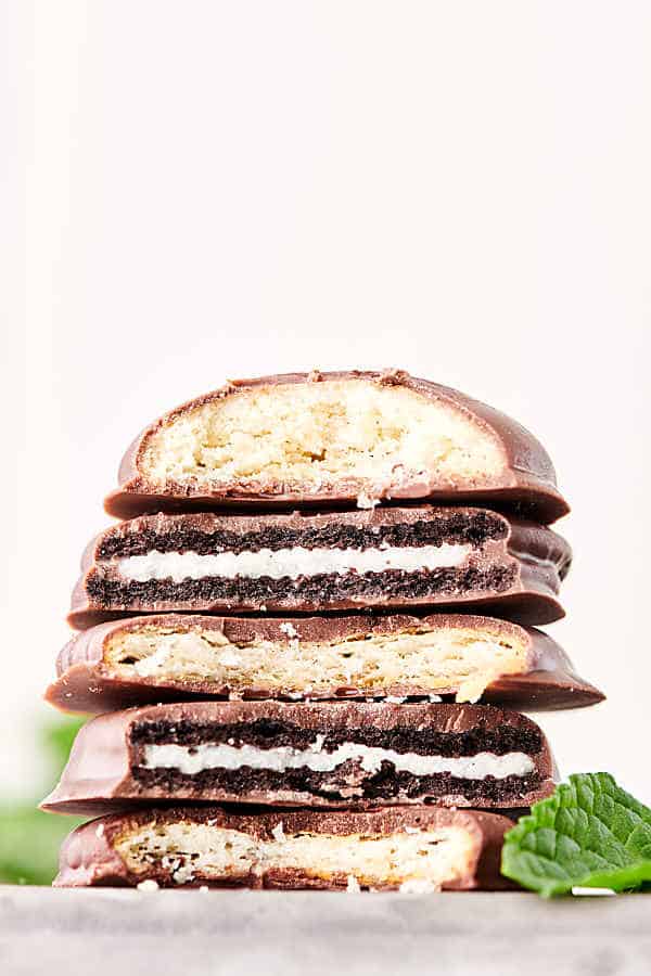thin mint cookies with bites out stacked