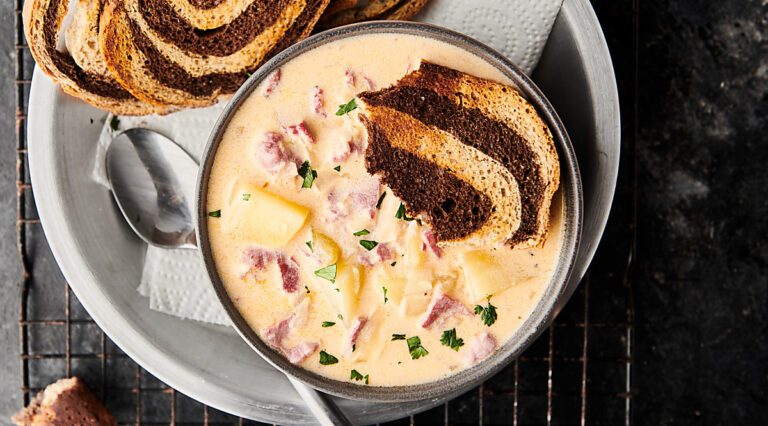 Bowl of reuben soup above
