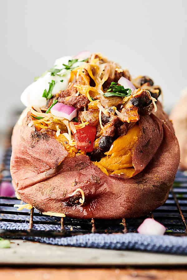 healthy taco stuffed sweet potato on cooling rack