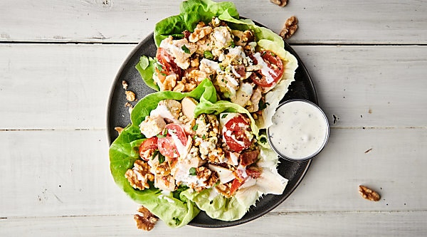 {New!} #ad Walnut Cobb Salad Lettuce Wraps. All your favorite cobb salad ingredients: bacon, eggs, chicken, blue cheese, tomatoes, avocado, walnuts, and ranch dressing all stuffed into lettuce cups! showmetheyummy.com Made in partnership w/ @cawalnuts #cobbsalad