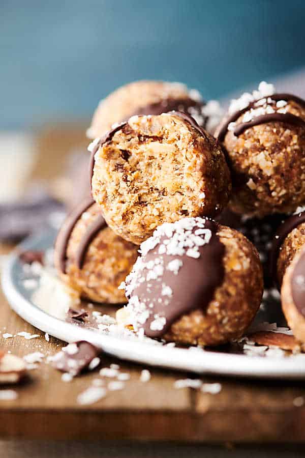 healthy almond joy energy bites on plate