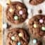 Double Chocolate Cadbury Egg Cookies. A chewy double chocolate cookie loaded with Cadbury Mini Eggs and Easter M&Ms! A quick and easy festive treat for Easter or spring! showmetheyummy.com #chocolate #easter #cookies #cadbury #m&ms
