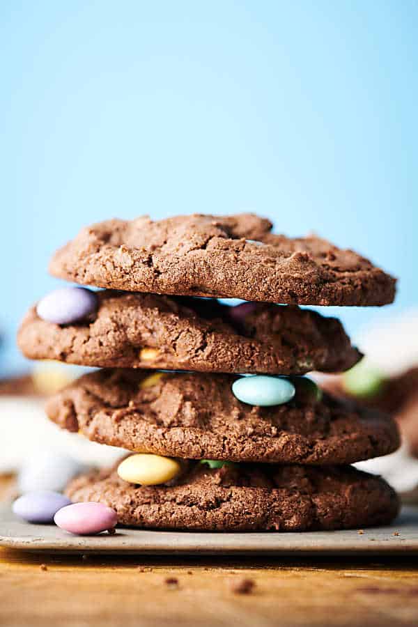 four cadbury egg cookies stacked