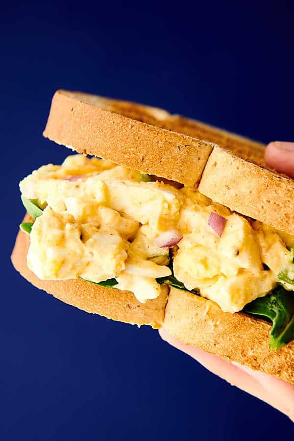 egg salad sandwich held blue background