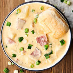 Ham and Cheese Potato Soup. A quick and easy classic loaded with veggies, chicken broth, half and half, potatoes, leftover ham, sour cream, cheddar cheese, and swiss cheese! Hearty, yet light! A family favorite. showmetheyummy.com #ham #cheese #potato #soup