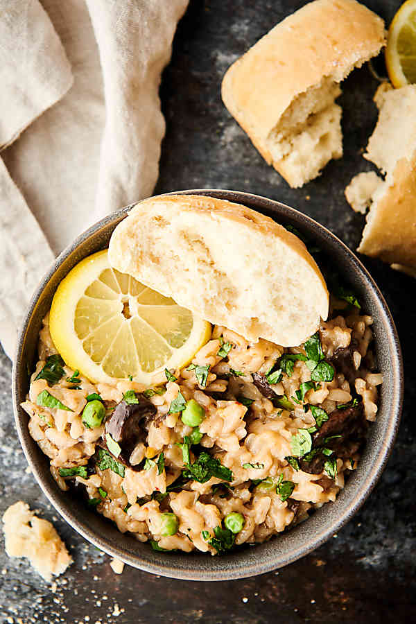 Mushroom risotto in a bowl above