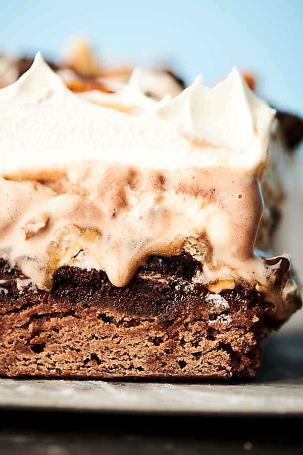 caramel fudge brownie ice cream cake close up
