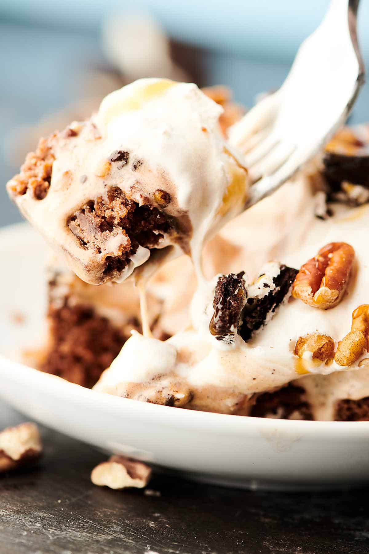 Caramel Fudge Brownie Ice Cream Cake w/ Pecans & Oreos