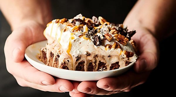 caramel fudge brownie ice cream cake dessert